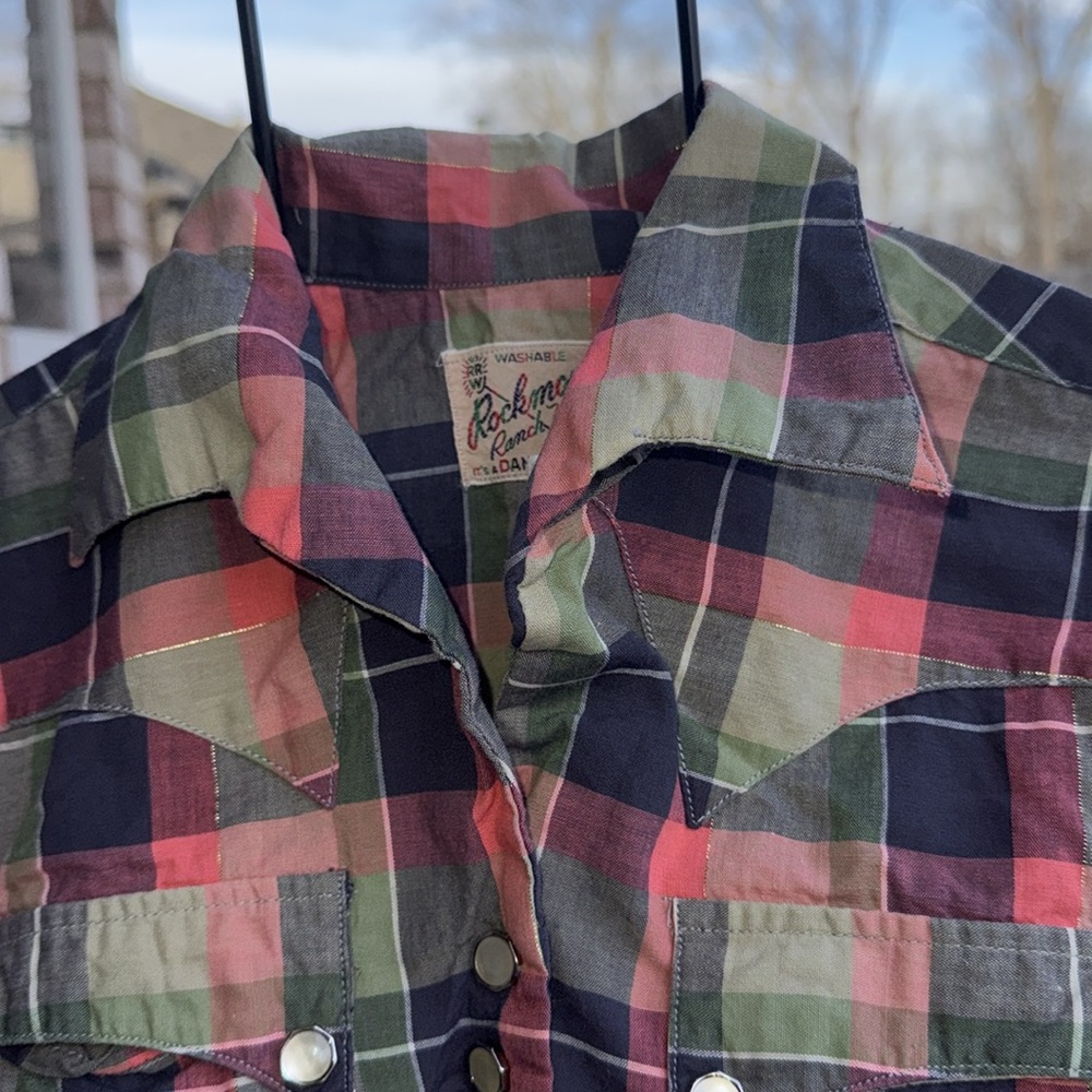 1950s Vintage Rockmount Pearl snap Western Plaid Cotton Blouse Gold Metallic